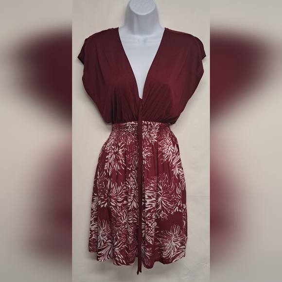 Adriana S/M Mulberry Colored Dress Criss Cross Plunge Neck Smocked Waist - Picture 1 of 6